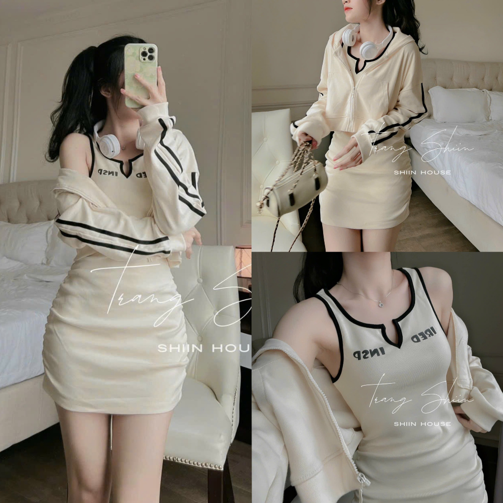 Đầm váy nữ borip ôm body ba lỗ phối viền cổ họa tiết chữ kèm khoác kẻ sọc dáng thể thao, năng động phù hợp đi chơi