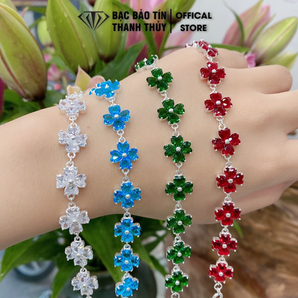 Lắc tay bạc nữ kiểu cỏ 4 lá gắn đá màu Bảo Tín Thanh Thủy, chất liệu bạc ta nguyên chất 3.8 chỉ bạc, dài 16 cm