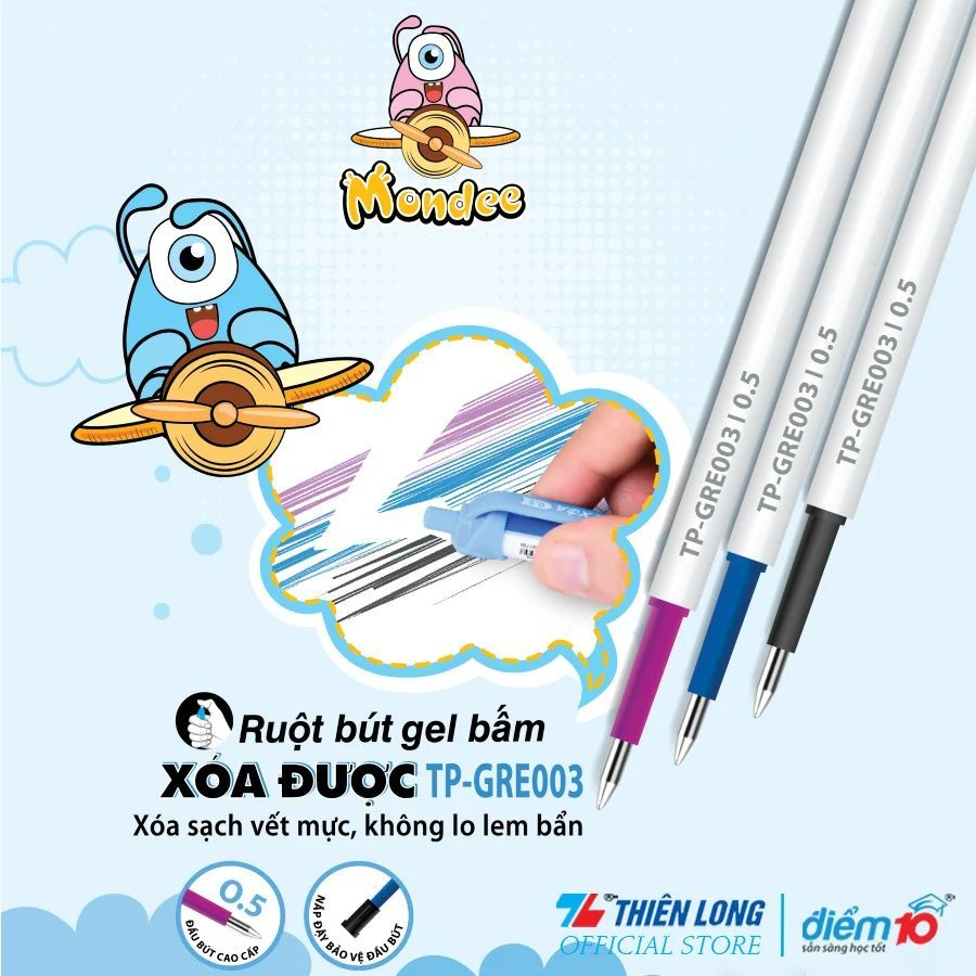Bút Gel xóa được Mondee Điểm 10 TP-GELE003 / Bút nước tẩy được Gel E003 dạng bấm có ngòi thay GRE003 nét 0.5mm