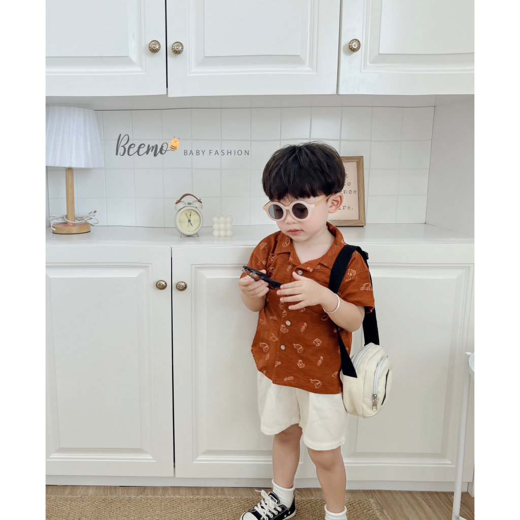 Set bộ sơ mi bé trai Beemo cổ ve in tràn hình ô tô vải áo cotton xược, quần kaki mặc hè, đi biển, đi chơi - 23287B