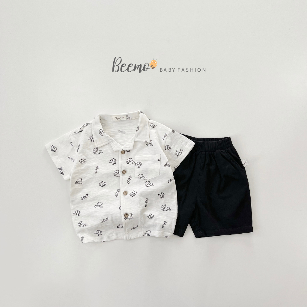 Set bộ sơ mi bé trai Beemo cổ ve in tràn hình ô tô vải áo cotton xược, quần kaki mặc hè, đi biển, đi chơi - 23287B