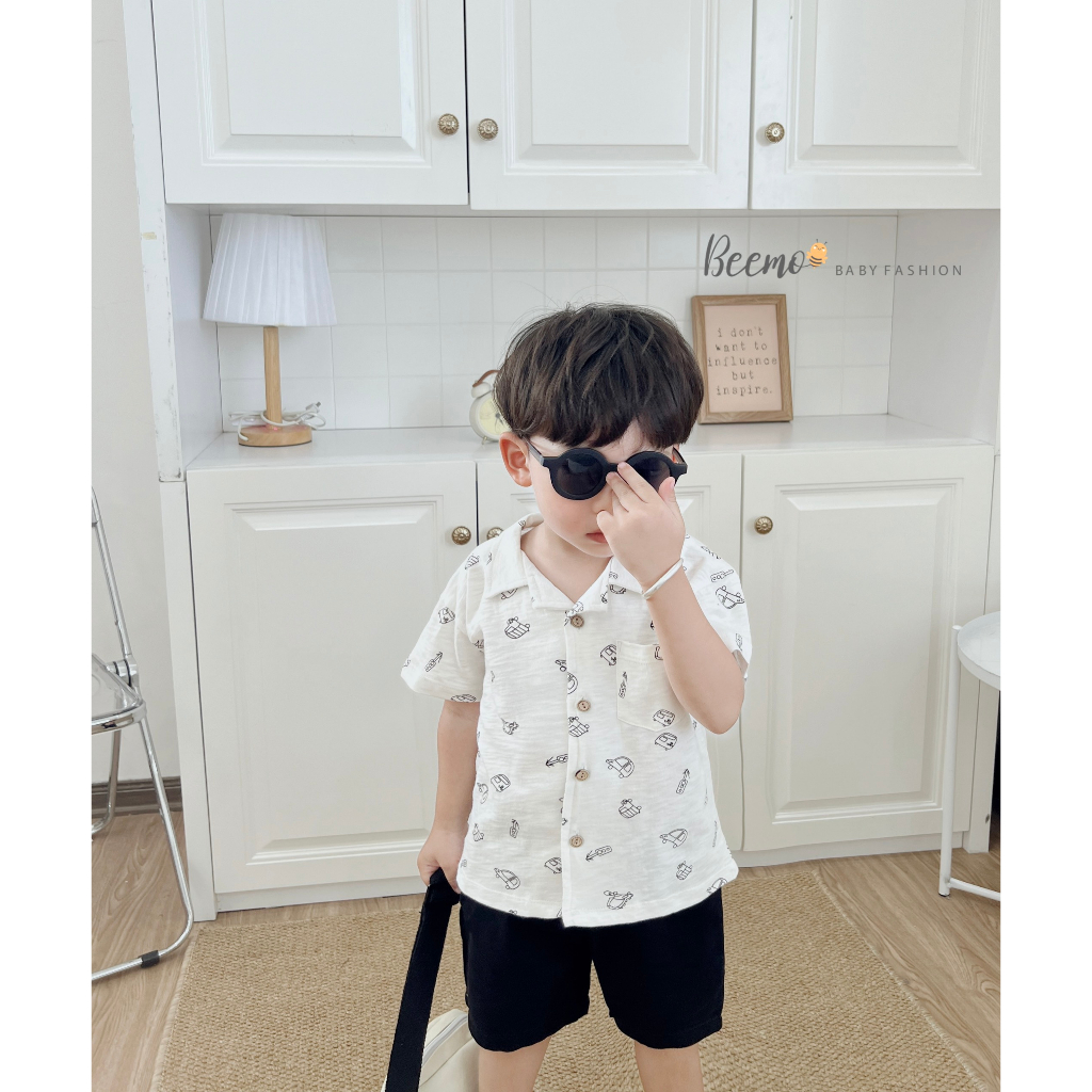 Set bộ sơ mi bé trai Beemo cổ ve in tràn hình ô tô vải áo cotton xược, quần kaki mặc hè, đi biển, đi chơi - 23287B