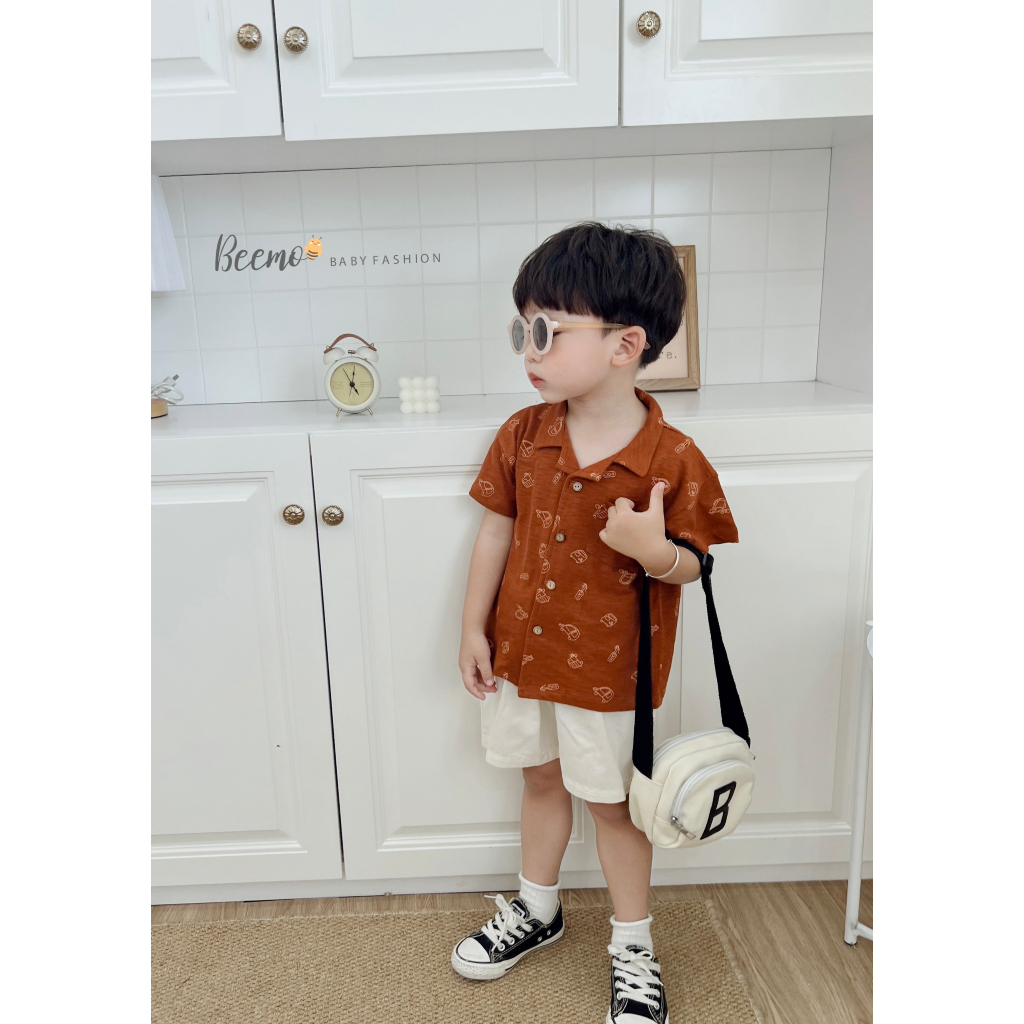 Set bộ sơ mi bé trai Beemo cổ ve in tràn hình ô tô vải áo cotton xược, quần kaki mặc hè, đi biển, đi chơi - 23287B