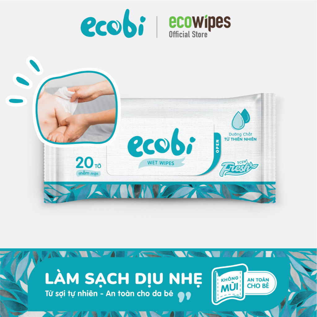Khăn ướt cho bé Ecobi gói 20 tờ không mùi an toàn cho làn da nhạy cảm của bé