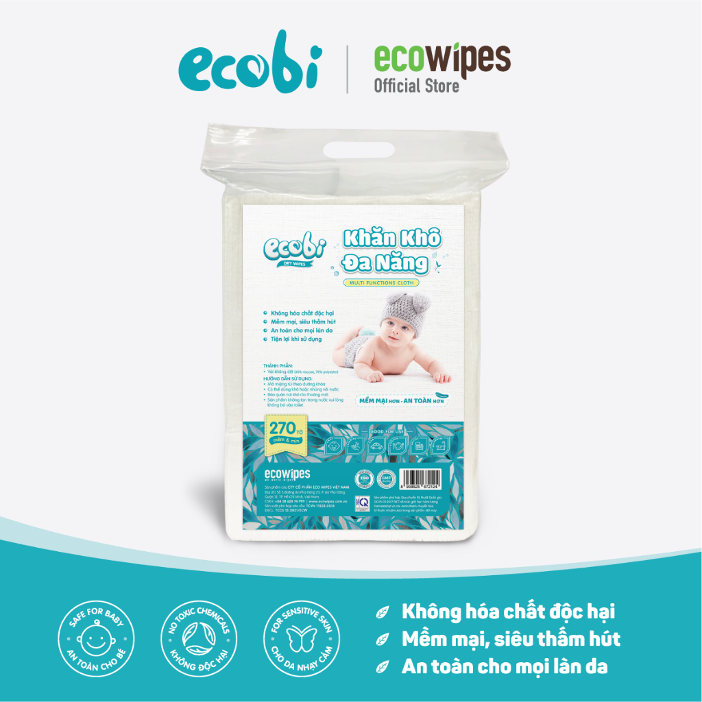 Khăn khô đa năng Ecobi túi 270 tờ an toàn cho trẻ sơ sinh, dùng thay khăn sữa