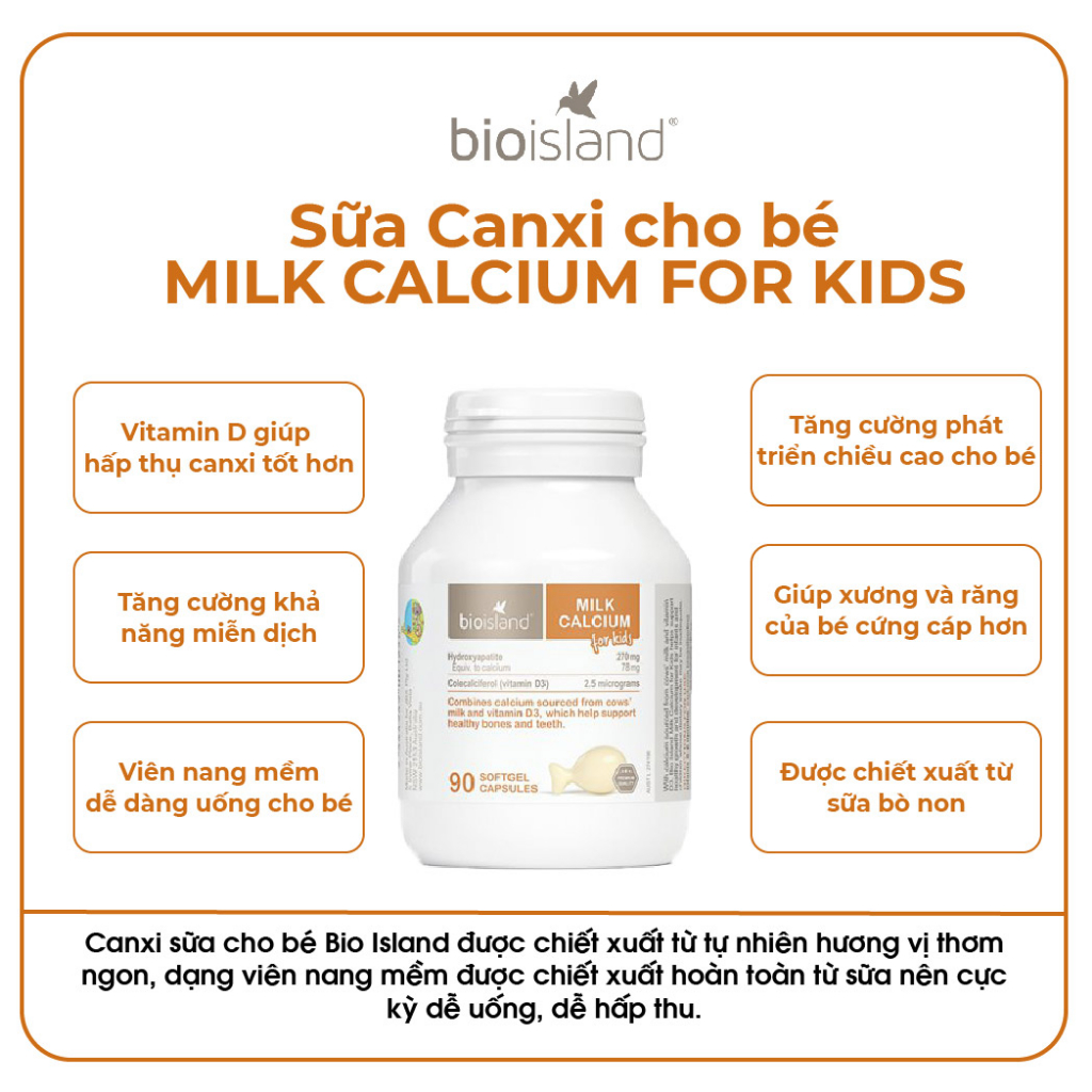 Viên nhai canxi sữa hữu cơ Bioisland For Kid bé phát triển toàn diện, cao lớn, khỏe mạnh, chống còi xương 90 viên