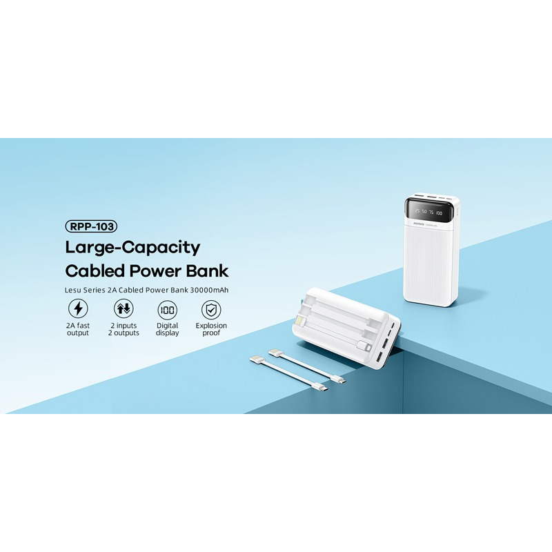 Pin sạc dự phòng Remax RPP-103 30000mAh, màn hình LCD lớn - kèm 3 cáp sạc microUSB/ typeC/ LN , sạc siêu nhanh