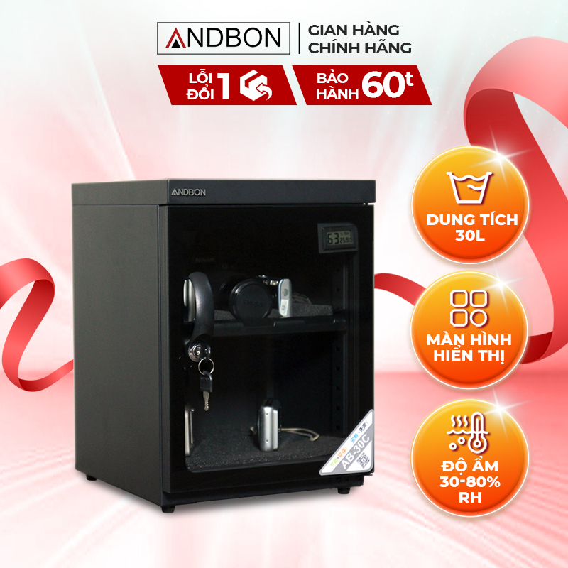 Tủ chống ẩm ANDBON AB-30C dung tích 30l - Có đồng hồ kỹ thuật số báo độ ẩm, ổ khóa bảo vệ - Bảo hành điện tử Toàn Quốc