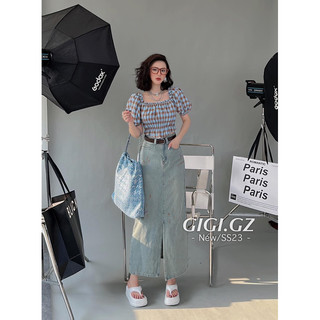 Set crop caro trễ vai + chân váy midi jean