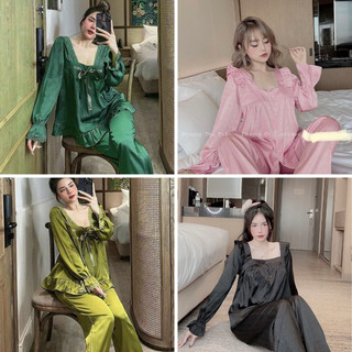 Bộ ngủ nữ cổ vuông TAY DÀI lụa xước tiểu thu cao cấp size 40-50 KG, Đồ ngủ mặc ở nhà size 40-60 KG