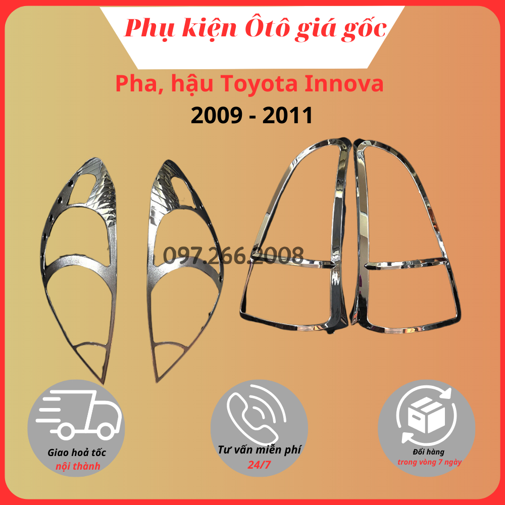 Ốp viền đèn pha, hậu xe Toyota Innova 2009, 2010, 2011 mạ crom cao cấp, sáng bóng