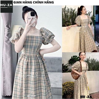 Đầm maxi chun lưng kẻ xanh cộc tay bồng - Váy xòe dài cổ vuông thời trang nữ tính ulzzang vintage - HUZA V127