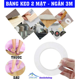 Băng keo 2 mặt siêu dính - ngắn 3m, băng dính 2 mặt siêu dính, băng keo trong suốt nano dieulinhshop