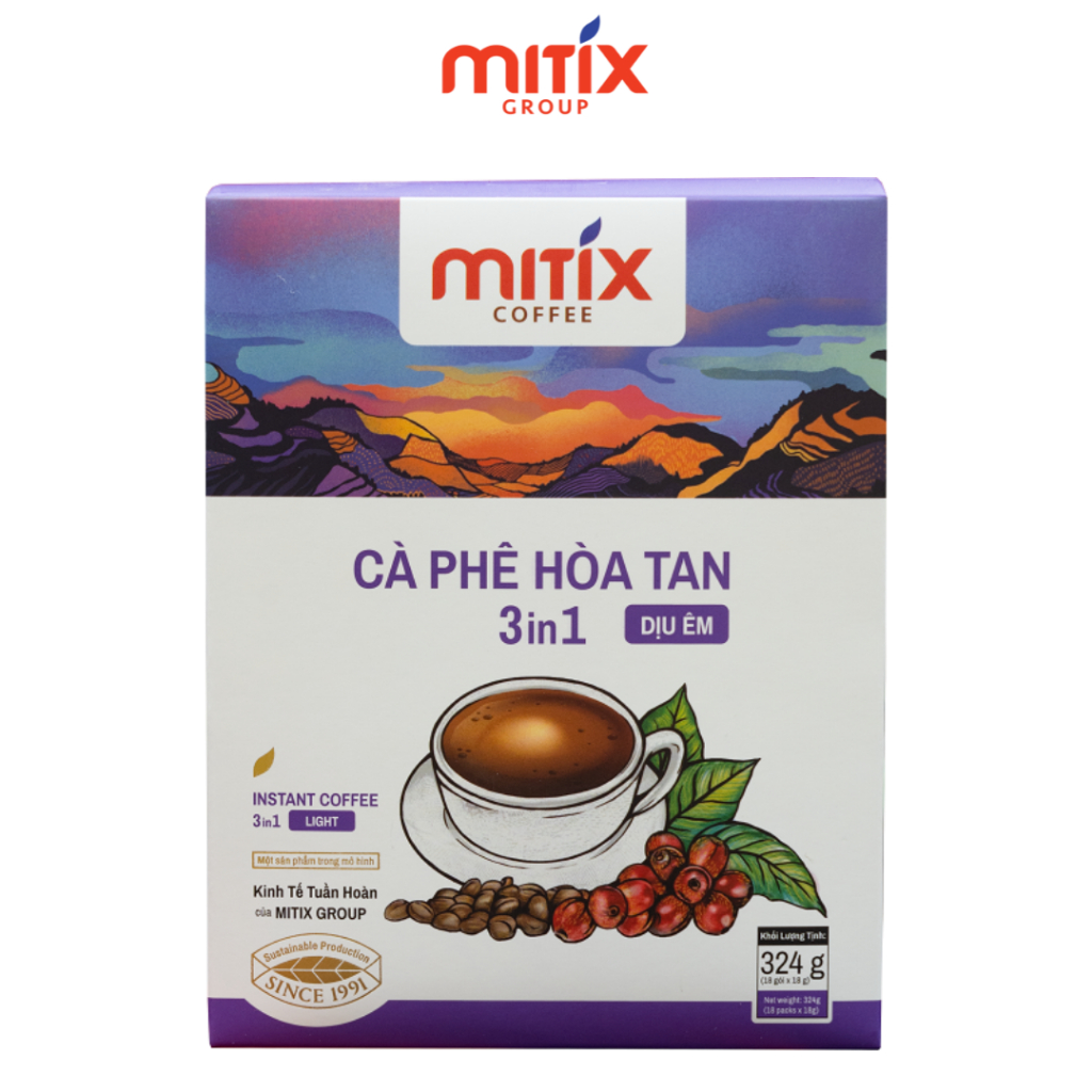 Cà phê hòa tan 3in1 Mitix Dịu êm, Hộp giấy 324g (18 gói x 18gr)