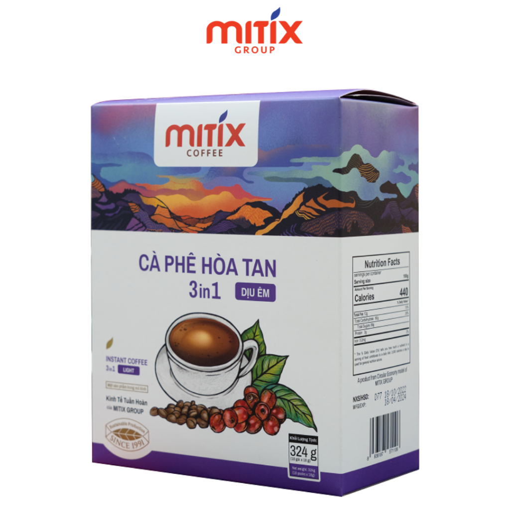 Cà phê hòa tan 3in1 Mitix Dịu êm, Hộp giấy 324g (18 gói x 18gr)