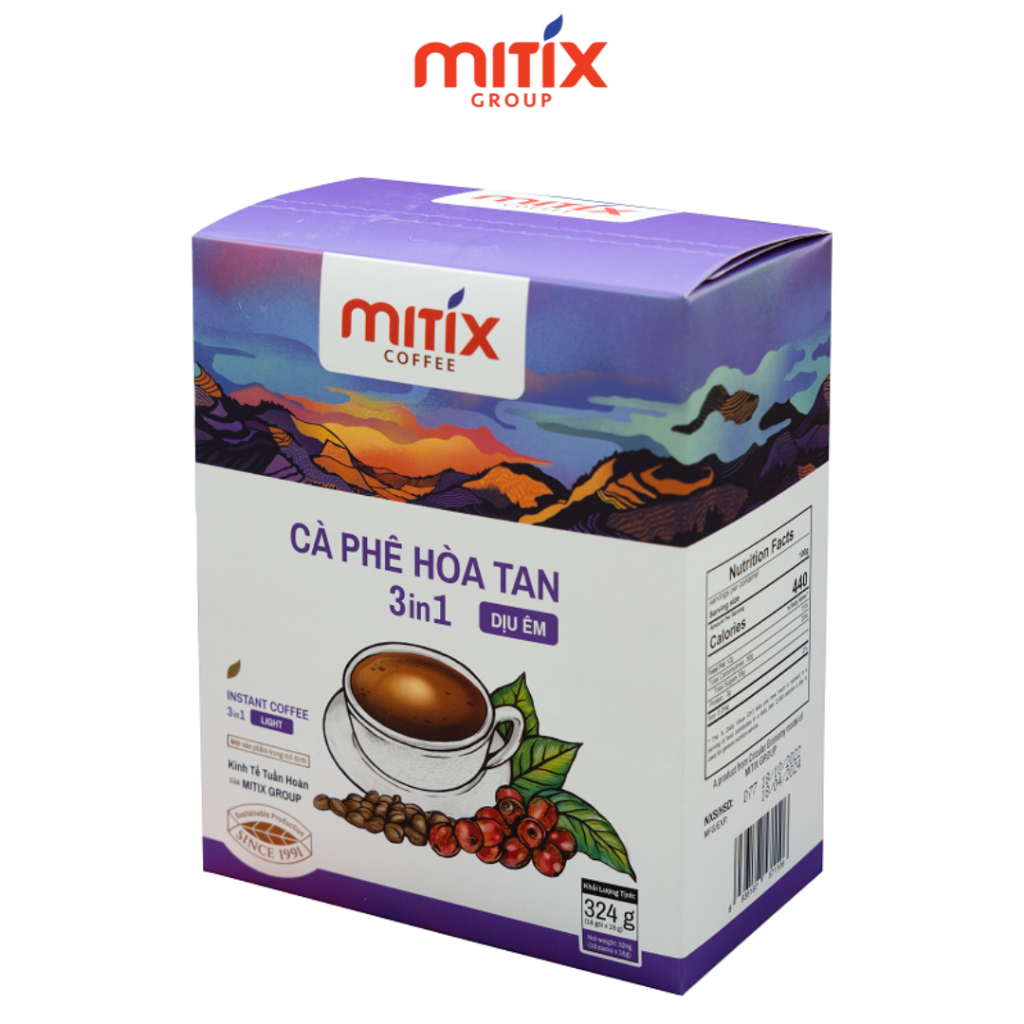 Cà phê hòa tan 3in1 Mitix Dịu êm, Hộp giấy 324g (18 gói x 18gr)