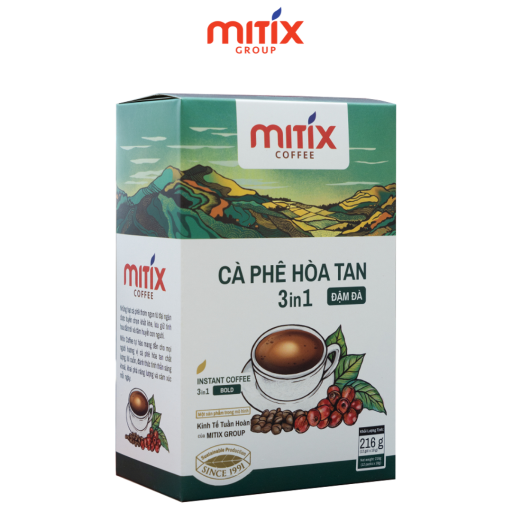 Cà phê hòa tan 3in1 Mitix Đậm Đà Hộp 216g (12 gói), công nghệ sấy lạnh hiện đại