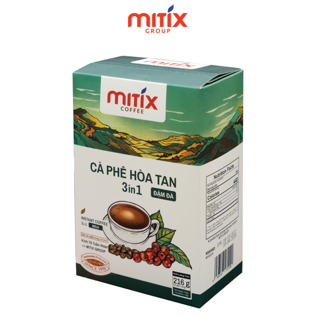 Cà phê hòa tan 3in1 Mitix Đậm Đà Hộp 216g (12 gói), công nghệ sấy lạnh hiện đại