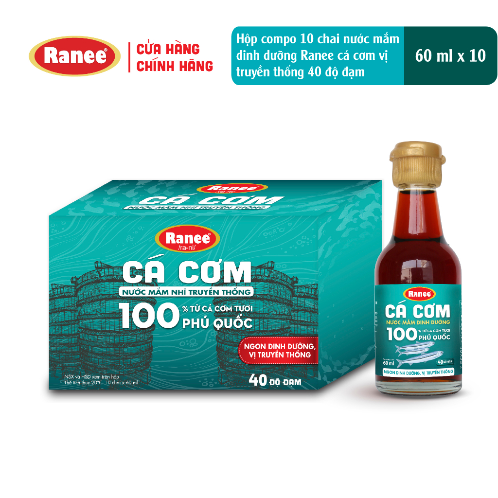 Hộp 10 chai Nước mắm dinh dưỡng Ranee cá cơm 40N chai 60ml (10chaix60ml)