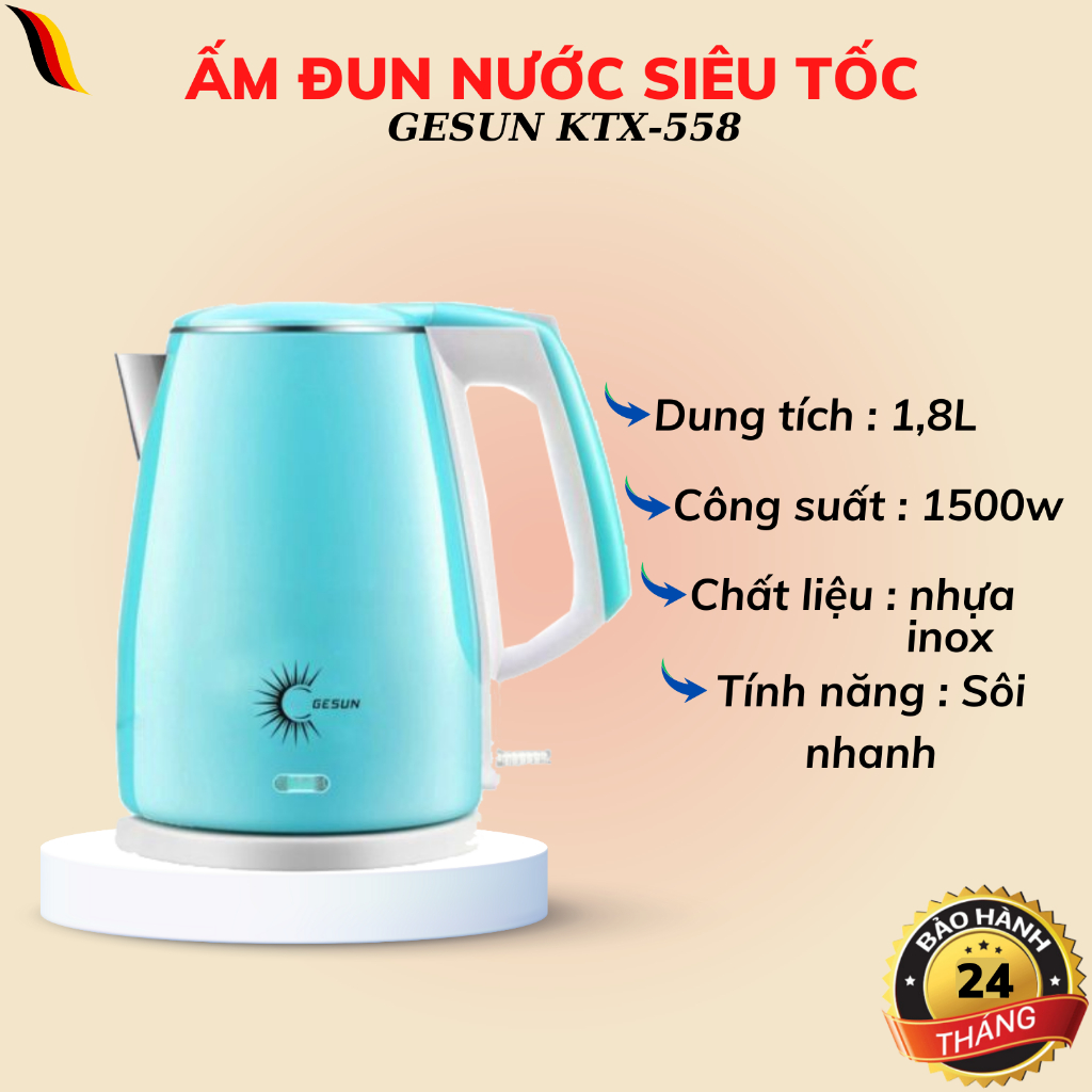 Ấm đun siêu tốc GESUN KTX-558 Dung tích 1.8L Ấm siêu tốc nhựa cách nhiệt 2 lớp cao cấp công suất 1500W Bảo hành 24 Tháng
