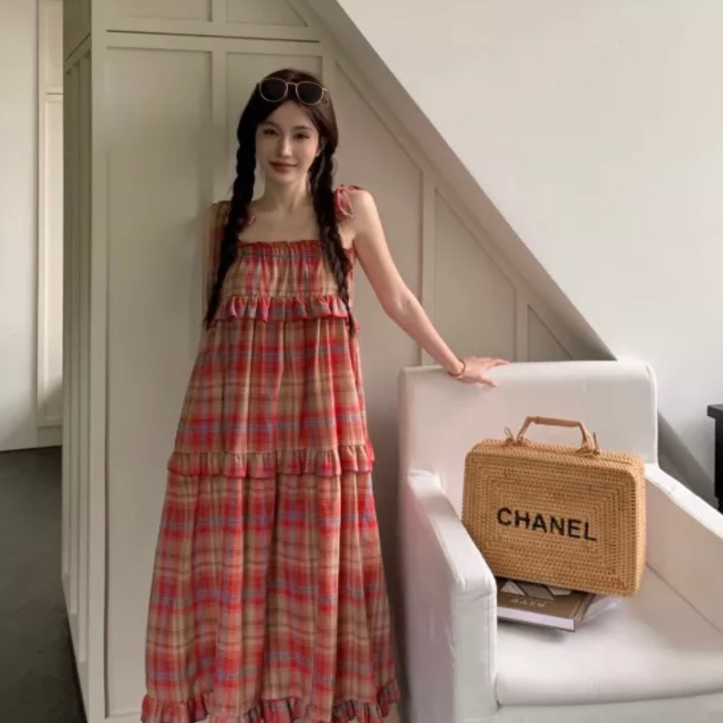 Váy 2 dây babydoll kẻ caro đỏ vintage dáng xoè chữ A bánh bèo tiểu thư SV14 HOASUMO