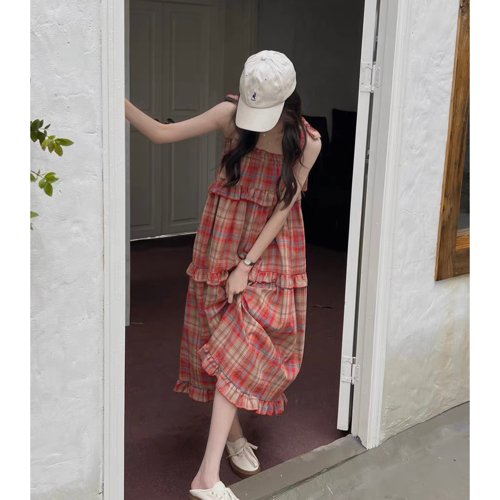 Váy 2 dây babydoll kẻ caro đỏ vintage dáng xoè chữ A bánh bèo tiểu thư SV14 HOASUMO