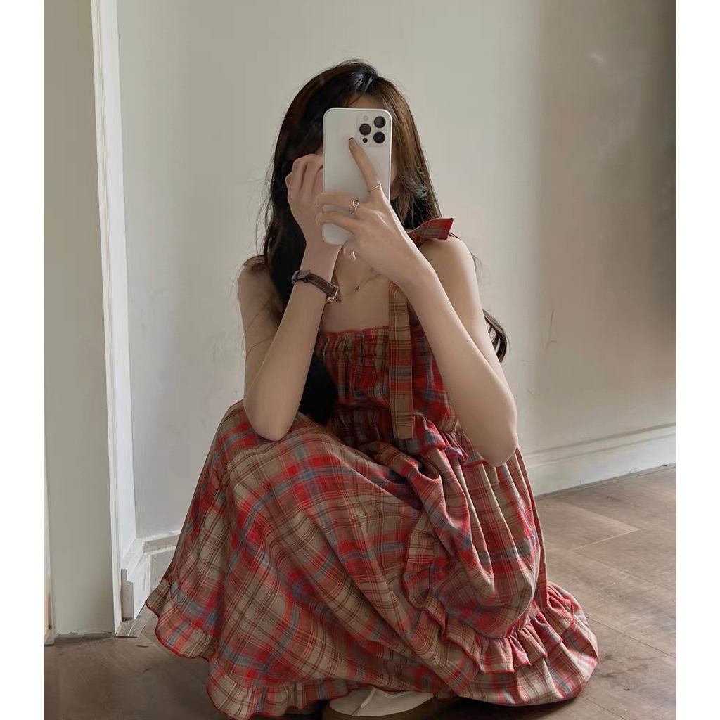 Váy 2 dây babydoll kẻ caro đỏ vintage dáng xoè chữ A bánh bèo tiểu thư SV14 HOASUMO