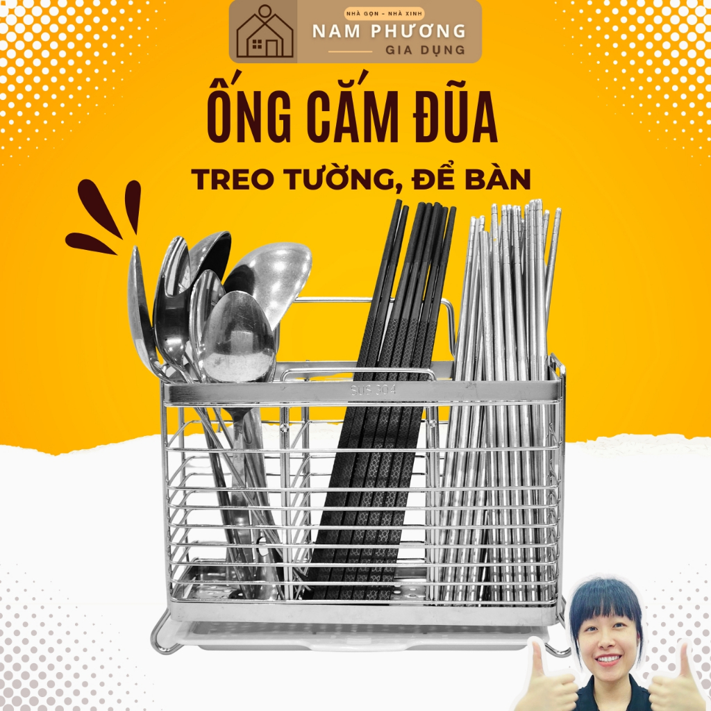 Ống Cắm Đũa Inox Để Bàn/Treo Tường Có Khay Hứng Nước K28 - Giữ đũa, thìa, dĩa luôn sạch sẽ và tiện lợi