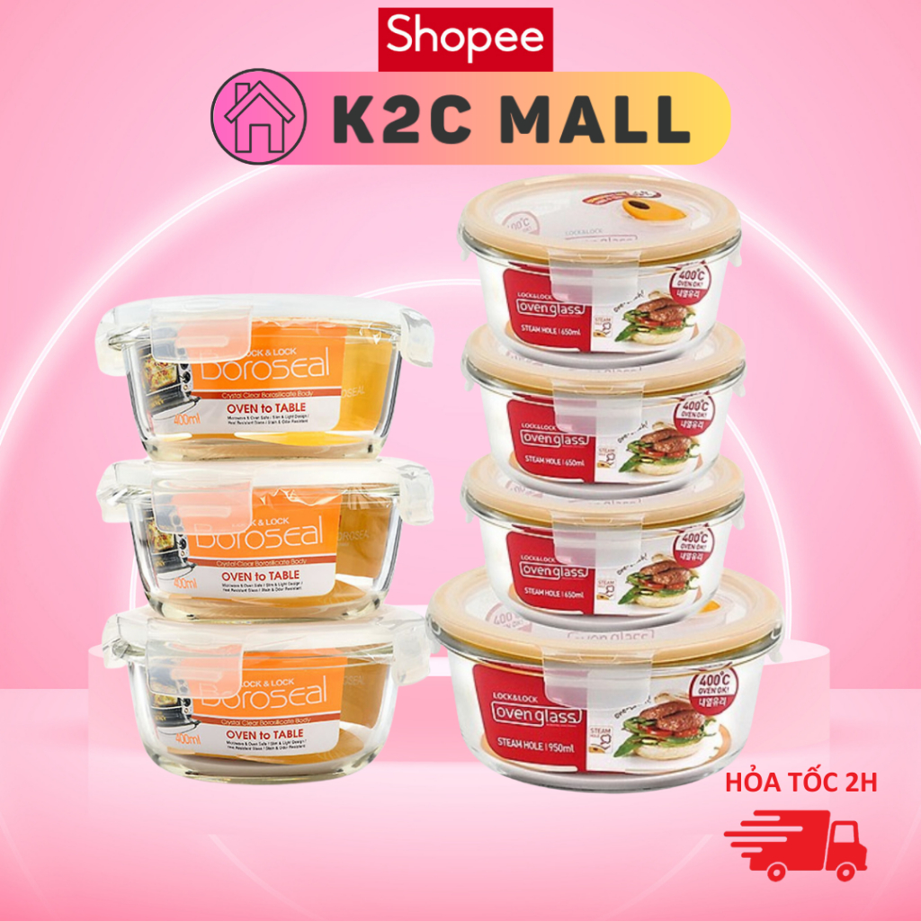 Hộp Thuỷ Tinh Chịu Nhiệt Tròn LocknLock, bảo quản thực phẩm nắp khoá kín, dùng lò vi sóng LLG822, LLG831T- K2CMALL