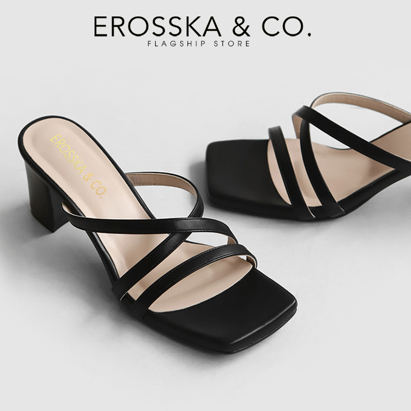 Erosska - Dép cao gót nữ mũi vuông phối dây quai mảnh sang trọng màu nude - EM103