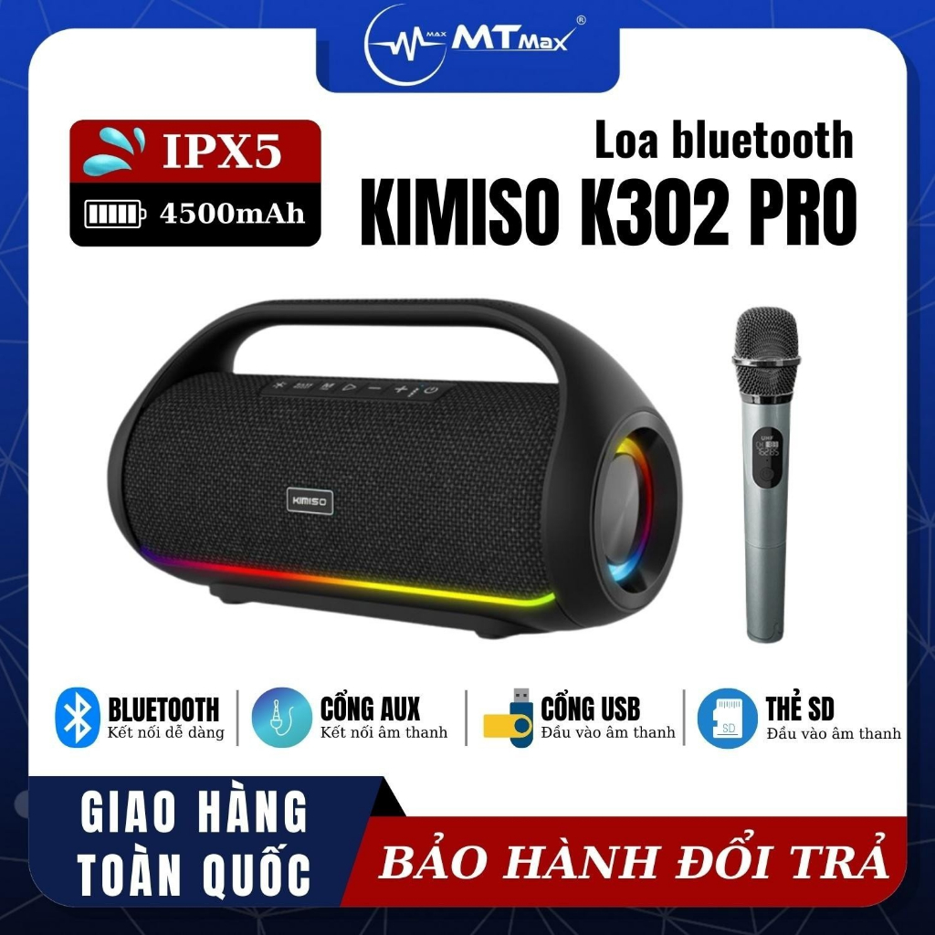 Loa Bluetooth KIMISO K302 PRO 2 Bass cực căng Karaoke, Đa Dạng Cổng Kết Nối Tiện Lợi Pin Trâu Bluetooth 5.0 chống nước