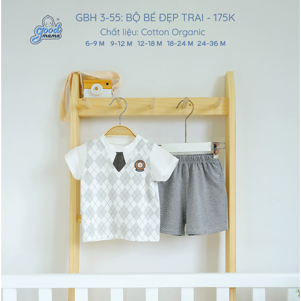 GBH3-55 Bộ quần áo cọc tay cho bé trai Goodmama Cotton organic in caro, mềm mại, thoáng mát