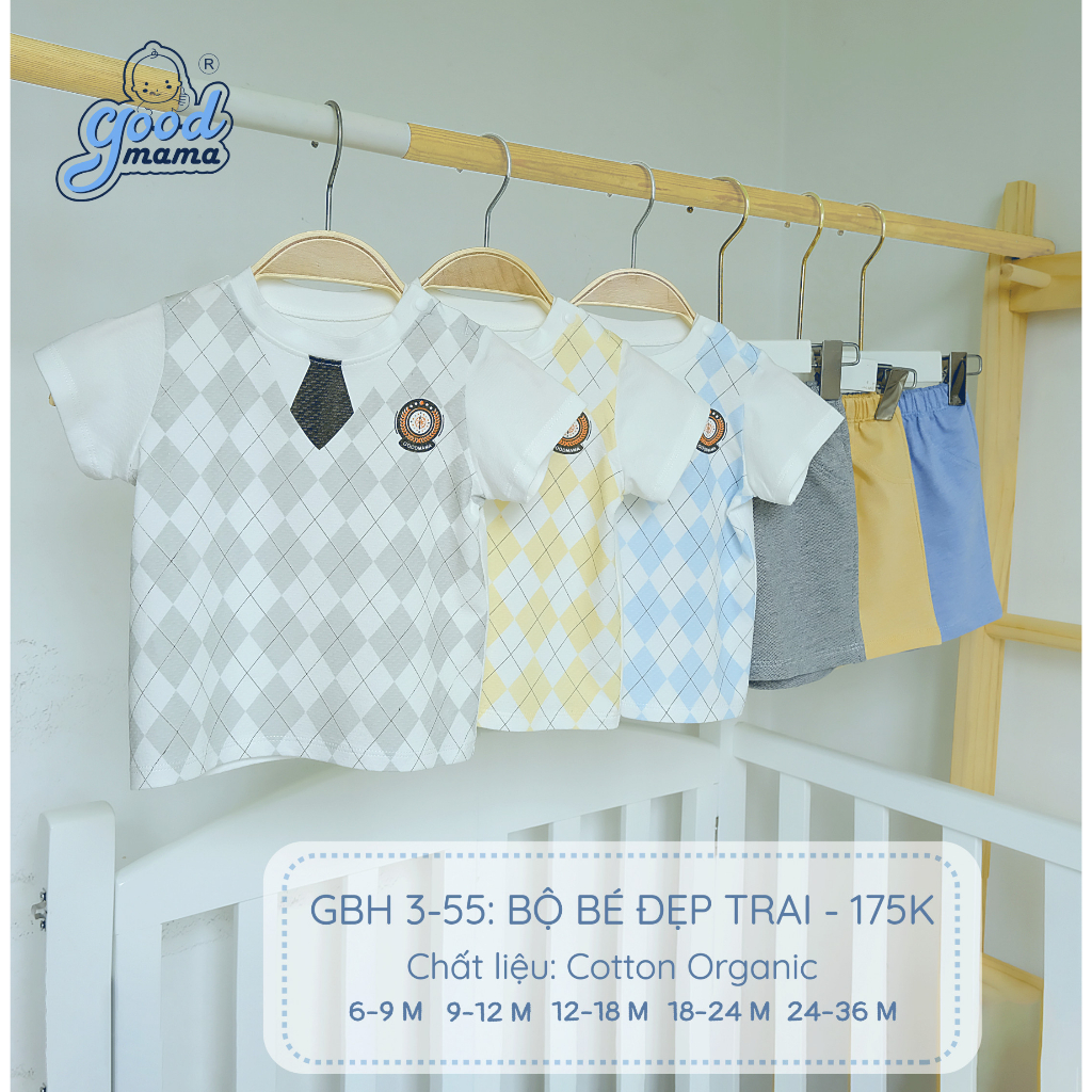 GBH3-55 Bộ quần áo cọc tay cho bé trai Goodmama Cotton organic in caro, mềm mại, thoáng mát
