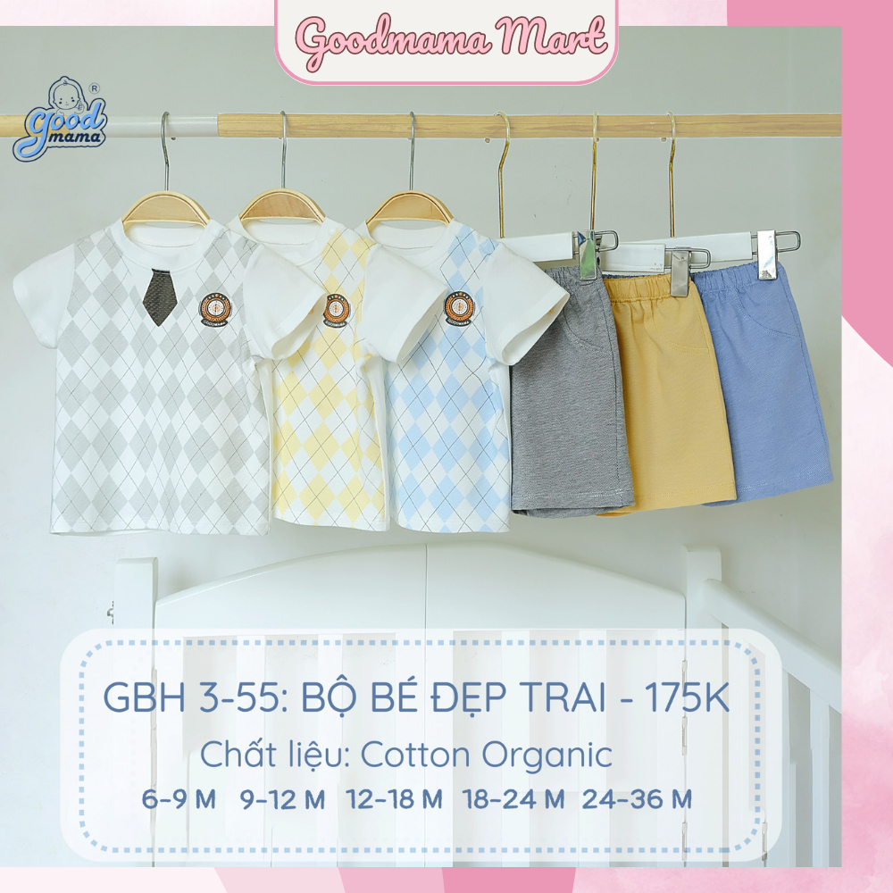 GBH3-55 Bộ quần áo cọc tay cho bé trai Goodmama Cotton organic in caro, mềm mại, thoáng mát