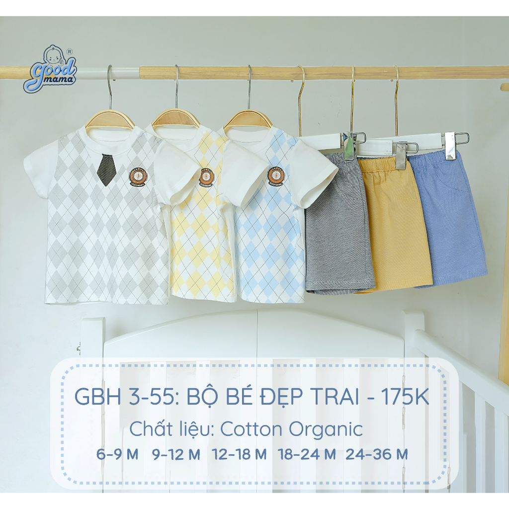 GBH3-55 Bộ quần áo cọc tay cho bé trai Goodmama Cotton organic in caro, mềm mại, thoáng mát