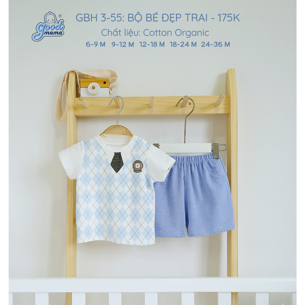 GBH3-55 Bộ quần áo cọc tay cho bé trai Goodmama Cotton organic in caro, mềm mại, thoáng mát