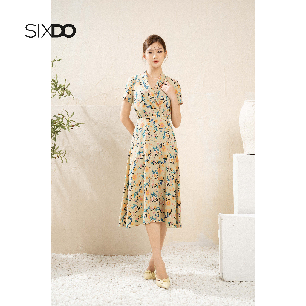 Đầm lụa midi hoa cổ V ngắn tay dáng xòe SIXDO (Light Green Nuggets Midi Silk Dress)