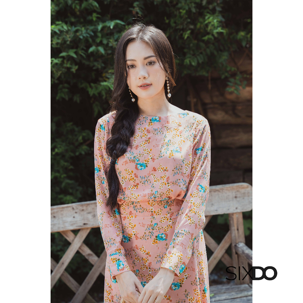 Áo hồng chiffon họa tiết hoa dài tay thời trang SIXDO (Light Pink Folral Boatneck Chiffon Shirt)