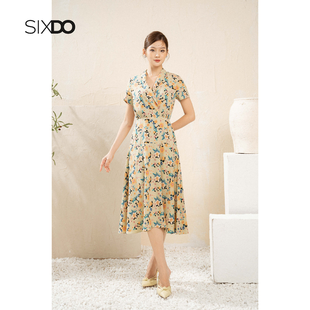 Đầm lụa midi hoa cổ V ngắn tay dáng xòe SIXDO (Light Green Nuggets Midi Silk Dress)