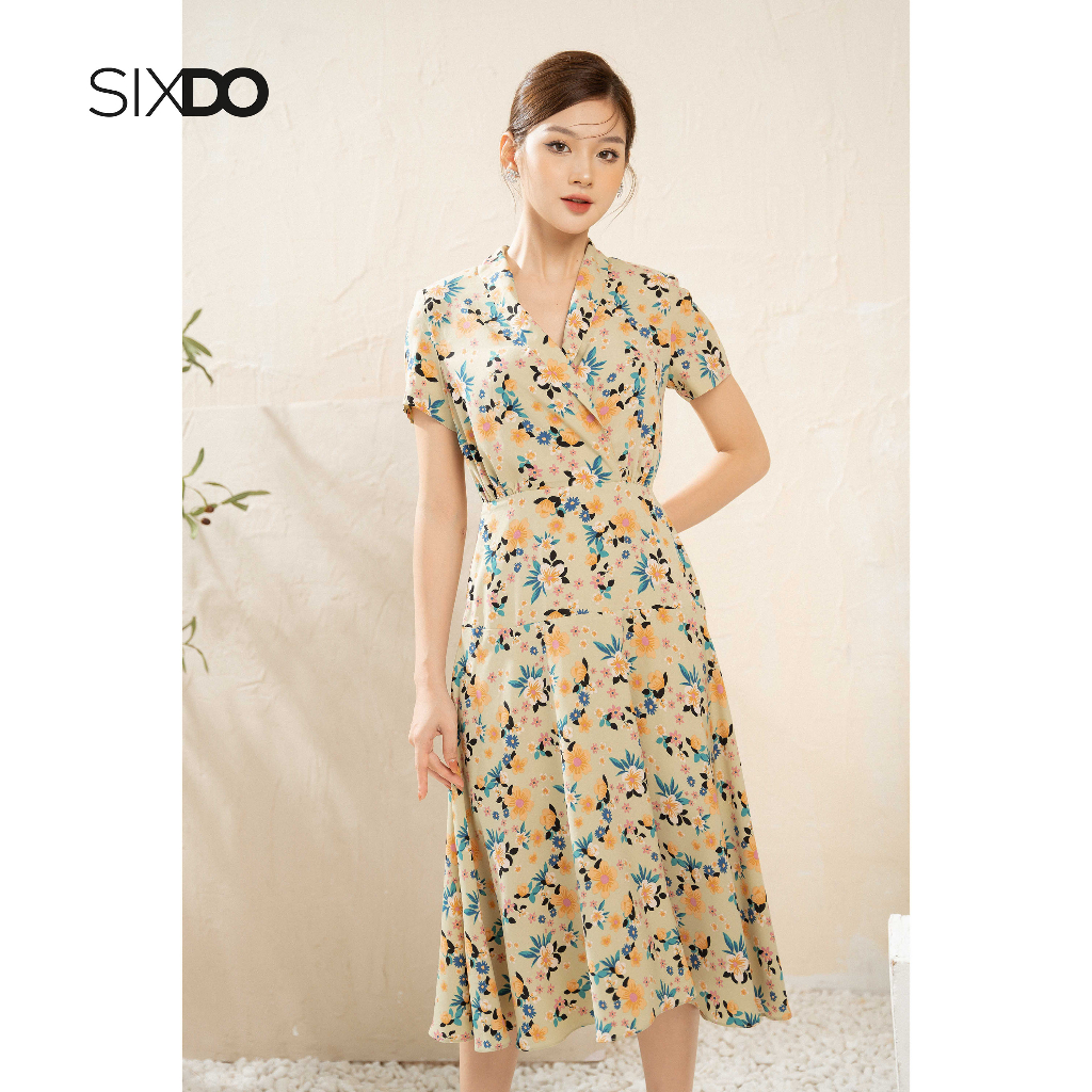 Đầm lụa midi hoa cổ V ngắn tay dáng xòe SIXDO (Light Green Nuggets Midi Silk Dress)