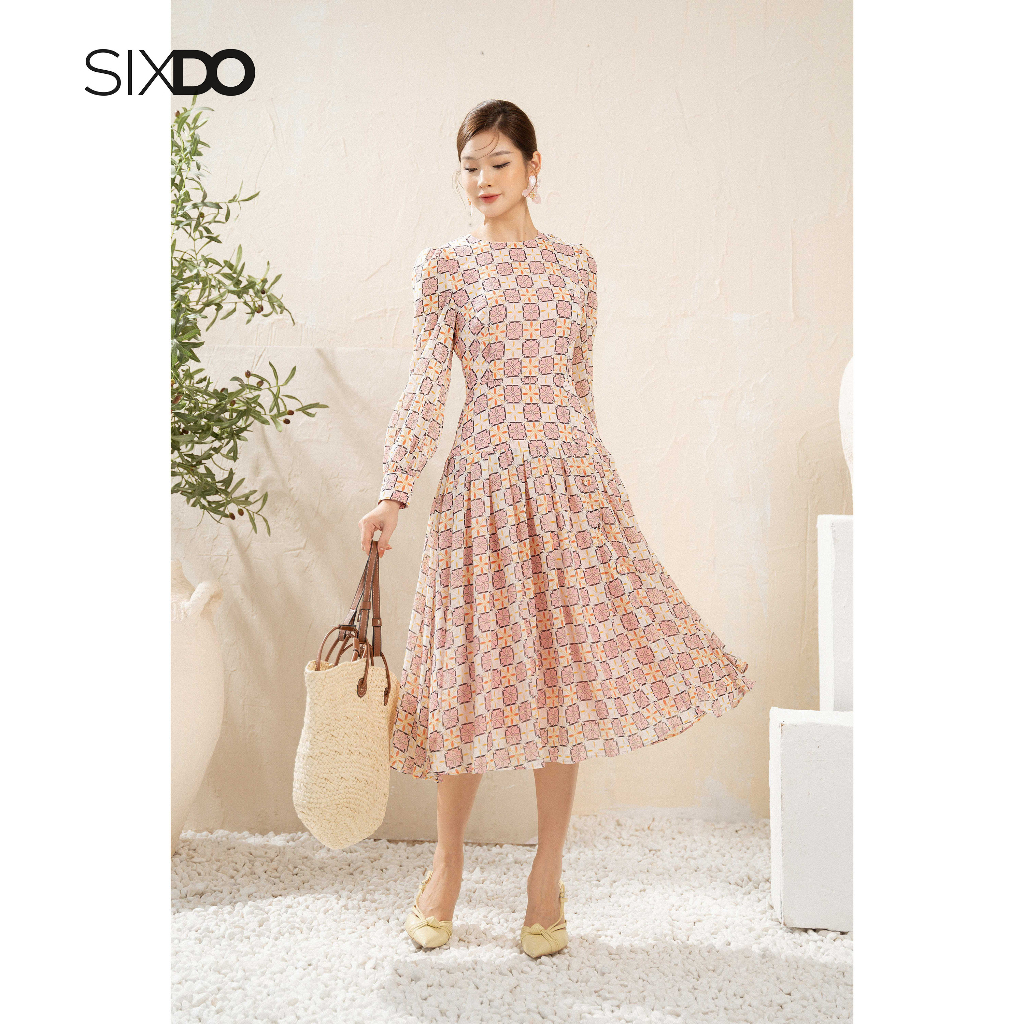 Đầm hồng họa tiết retro dáng xòe thời trang SIXDO (Retro Pink Flower Check Pattern Midi Voile Dress)