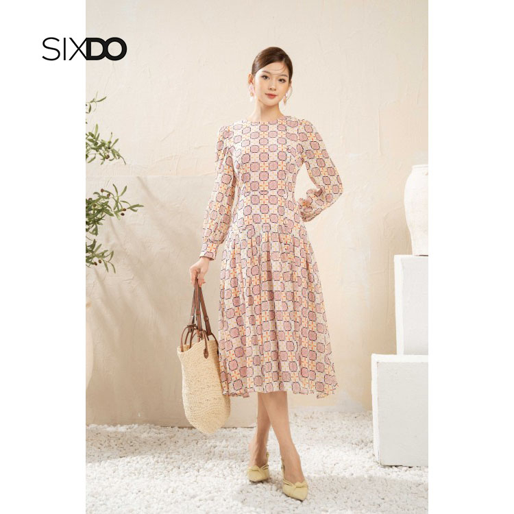 Đầm hồng họa tiết retro dáng xòe thời trang SIXDO (Retro Pink Flower Check Pattern Midi Voile Dress)