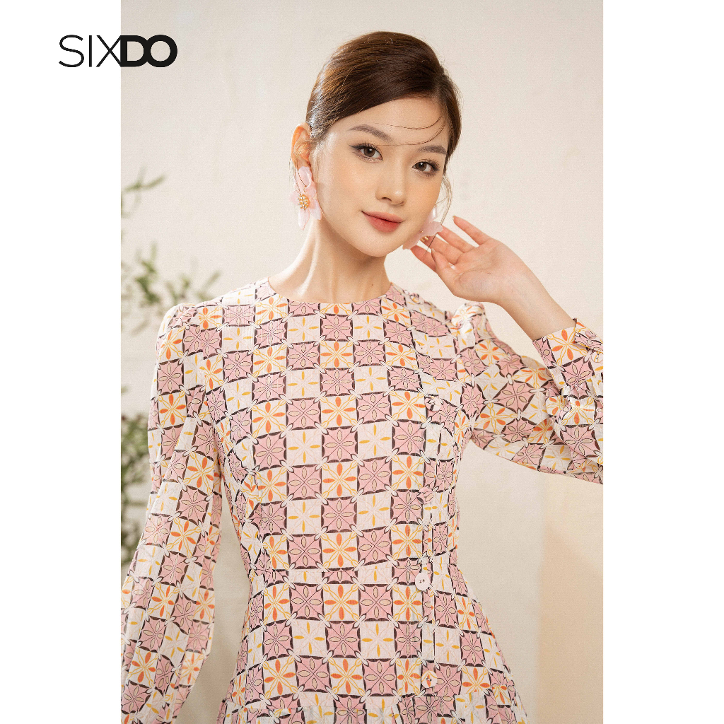 Đầm hồng họa tiết retro dáng xòe thời trang SIXDO (Retro Pink Flower Check Pattern Midi Voile Dress)