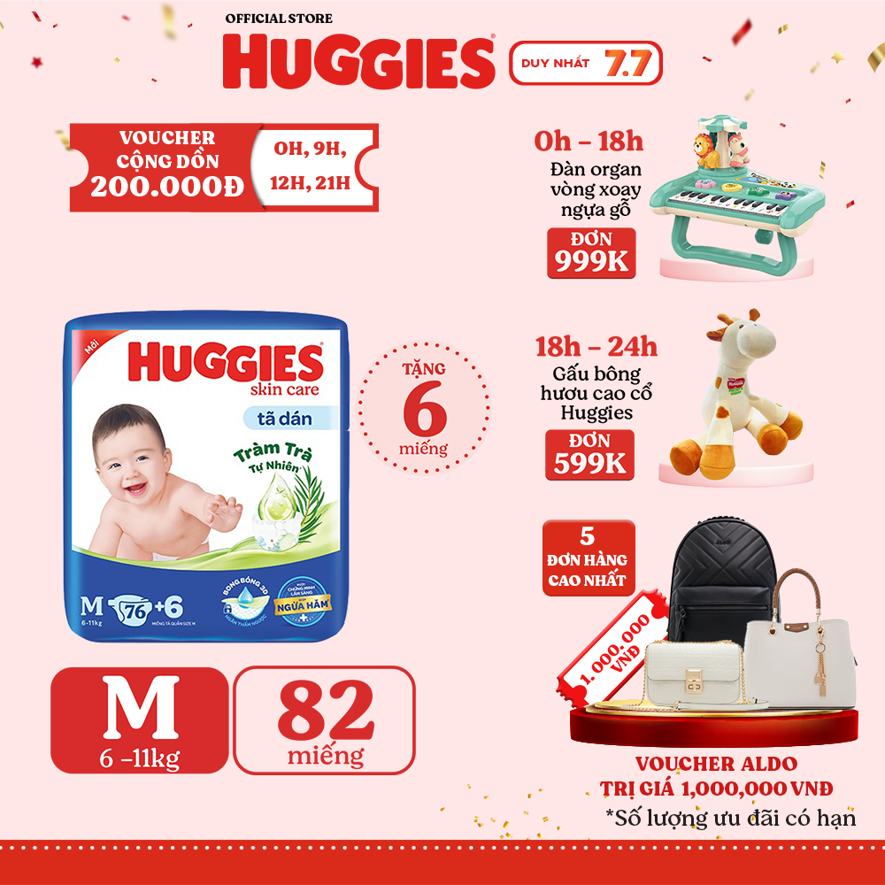 Tã dán Huggies Skincare Super Jumbo M76+6/ L68/ XL60/ XXL54