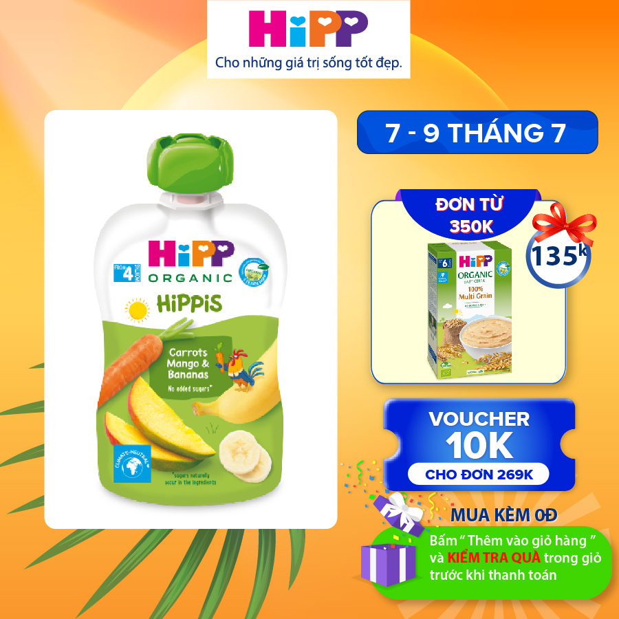 Thức ăn dặm Dinh dưỡng 100% trái cây nghiền hữu cơ HiPPiS Organic (Cà rốt, xoài và chuối) 100g