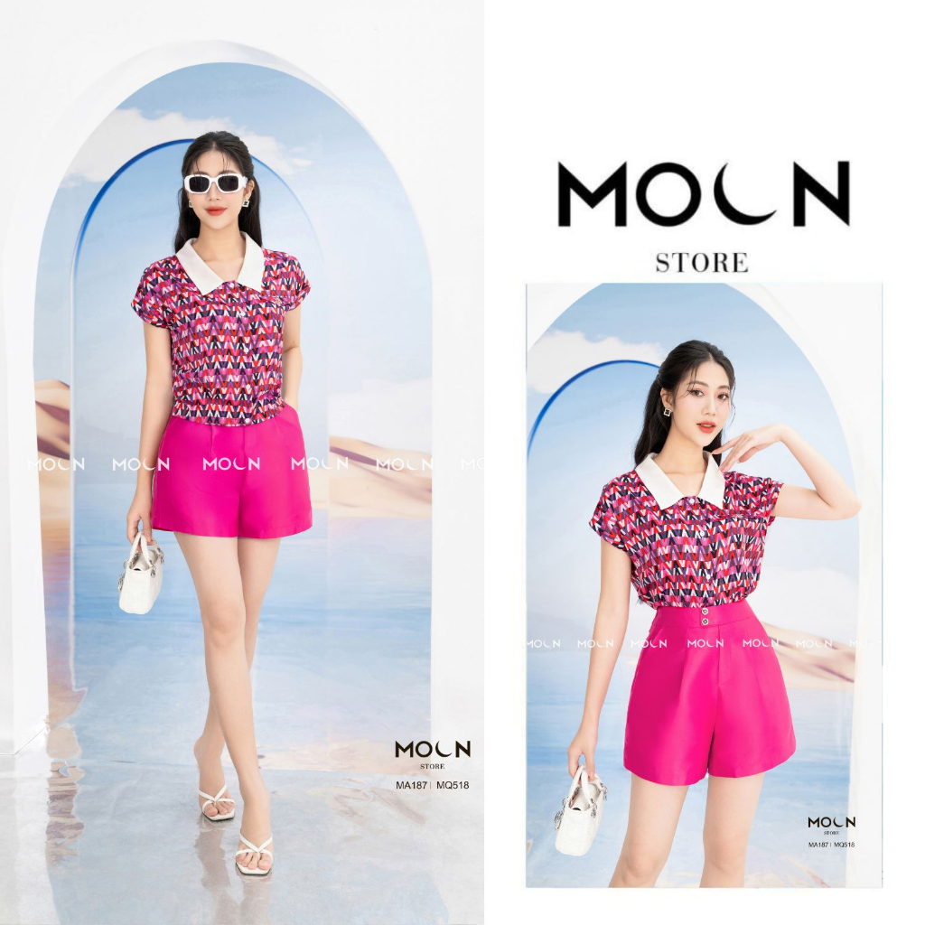 Quần áo ngắn tay nữ 𝐌𝐎𝐎𝐍 sang chảnh thời trang thiết kế bán lẻ áo lụa họa tiết MA187 mix quần Tafta MQ518