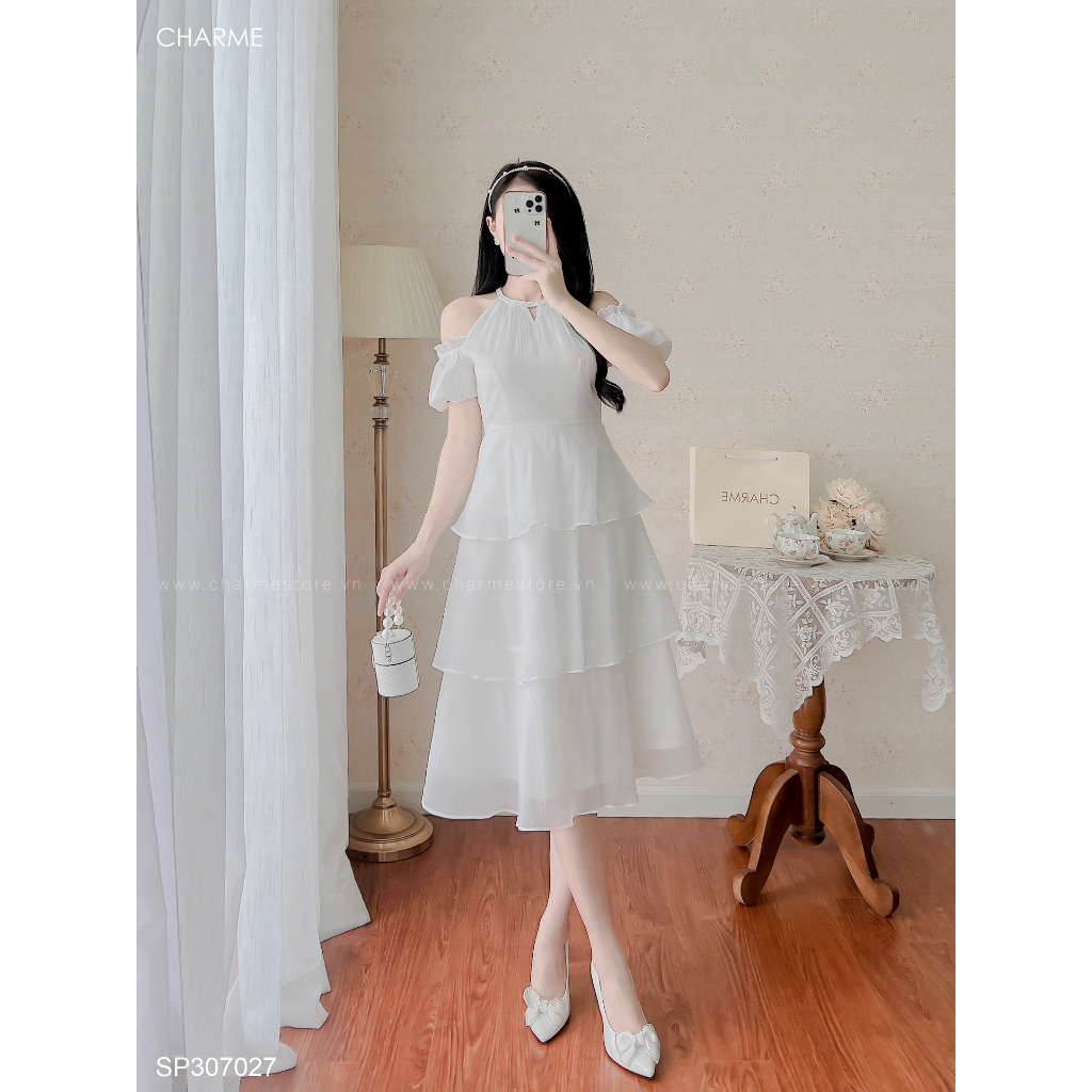 Đầm đi tiệc 3 tầng cổ yếm chất liệu tơ đũi  cao cấp Charme 307027