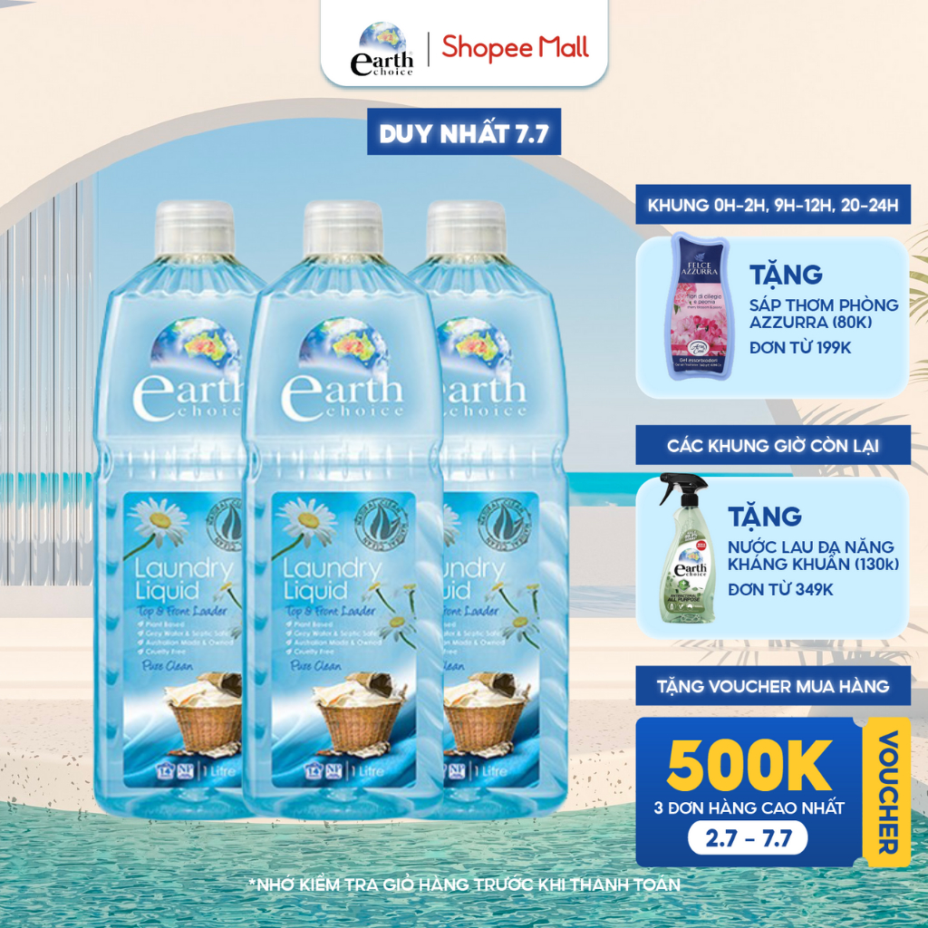 Combo 3 Chai Nước Giặt EARTH CHOICE Giặt Đồ Lót, An Toàn Với Da Nhạy Cảm Với Chiết Xuất Thực Vật An Toàn Dung Tích 1L