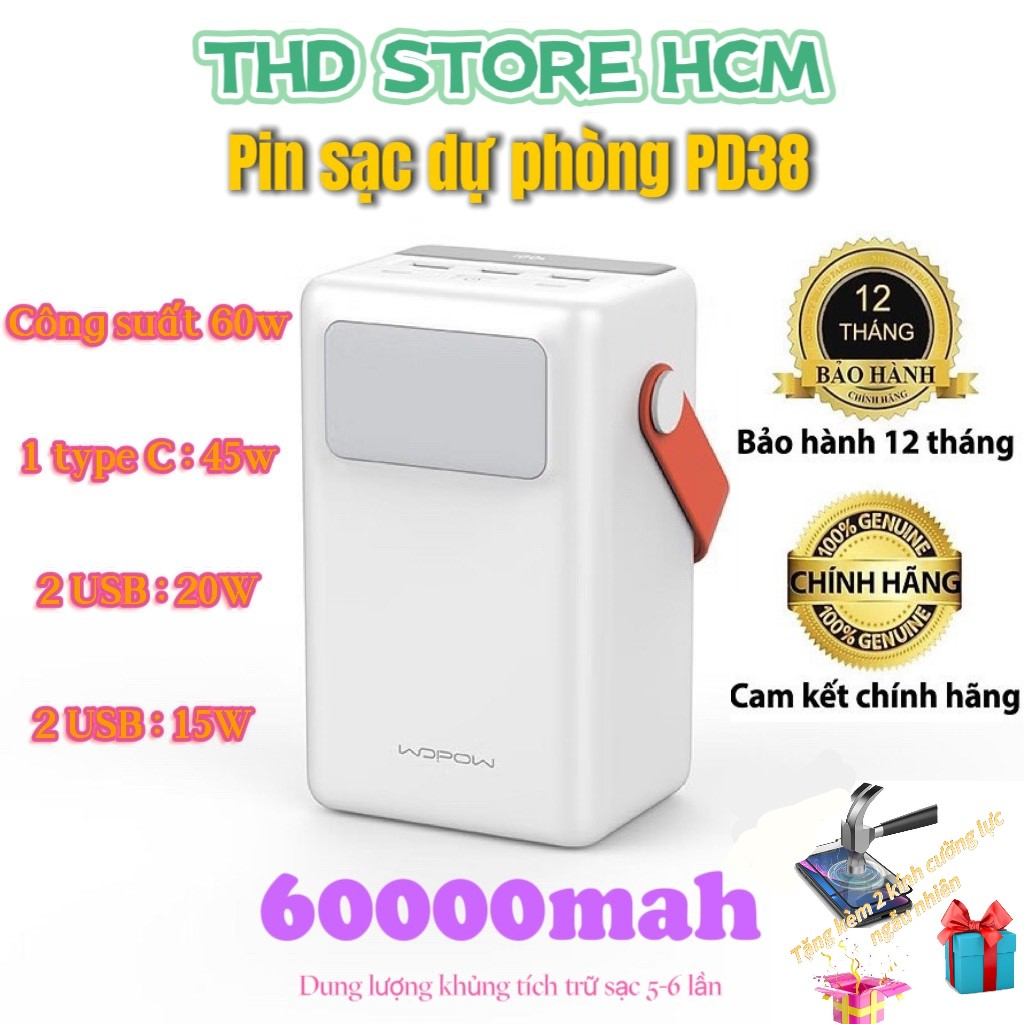 Sạc dự phòng PD38 tích hợp màn hình Led dung lượng 60000MAH công suất lớn 22,5W hỗ trợ sạc 4 thiết bị pin trâu siêu bền