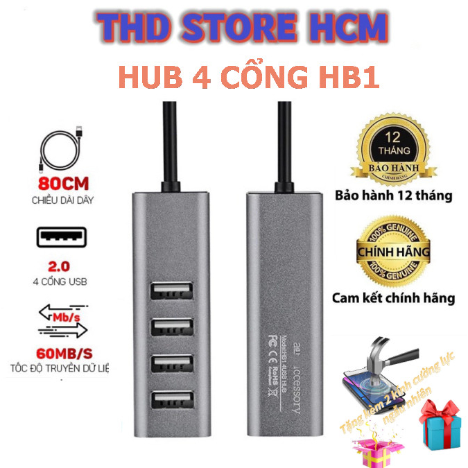 Hub USB 4 cổng HB1 dây dài 80cm chia usb mở rộng kết nối chuyển đổi cho táo Laptop PC tốc độ cao tặng kèm 2 cường lực